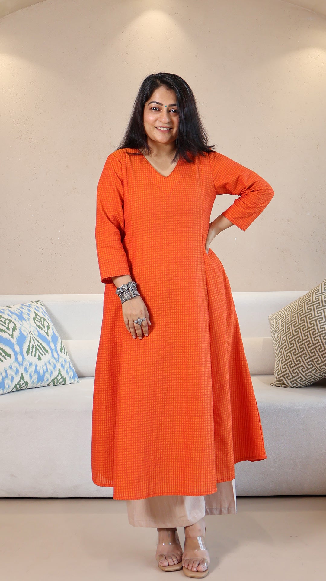 Orange Checkered Handwoven Cotton Kurta