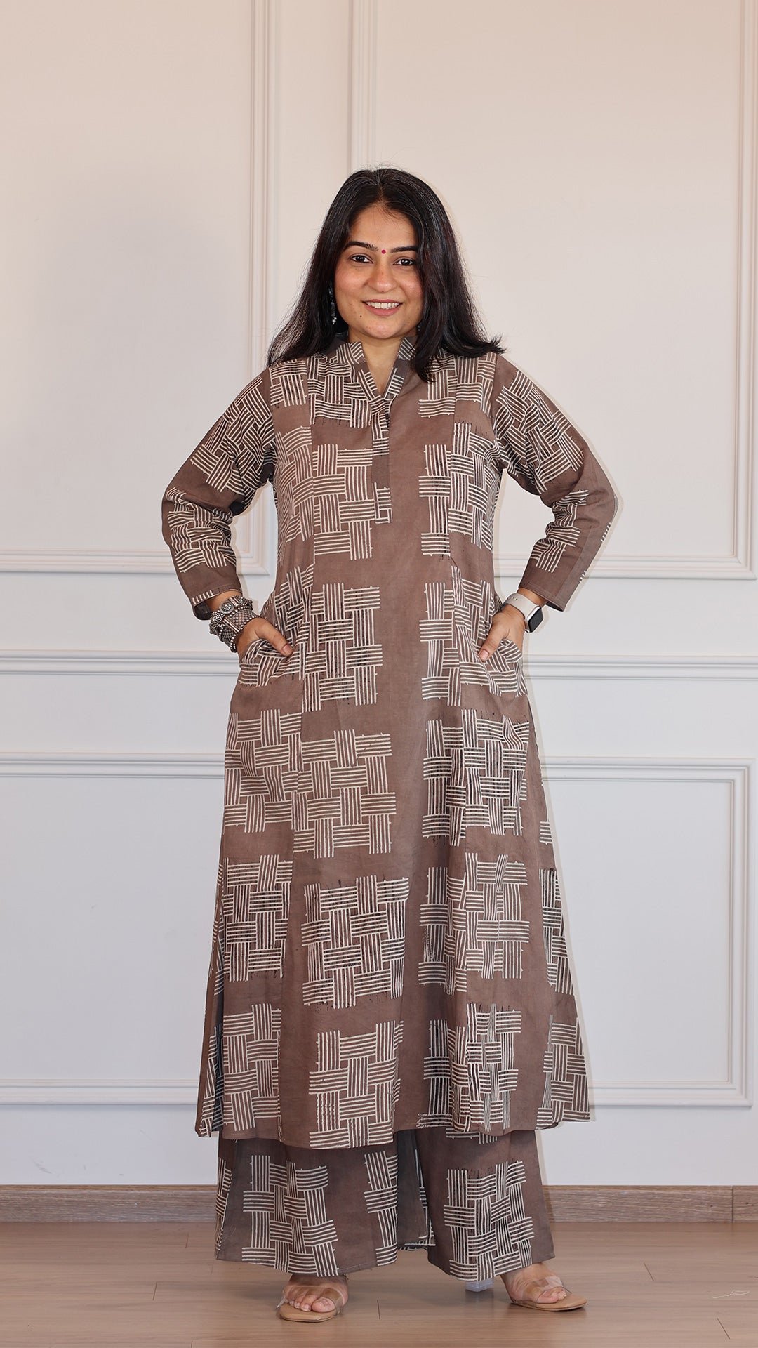 Sofia Geometric Print Ajrakh Cotton Hand Block Kurta Set- Sand