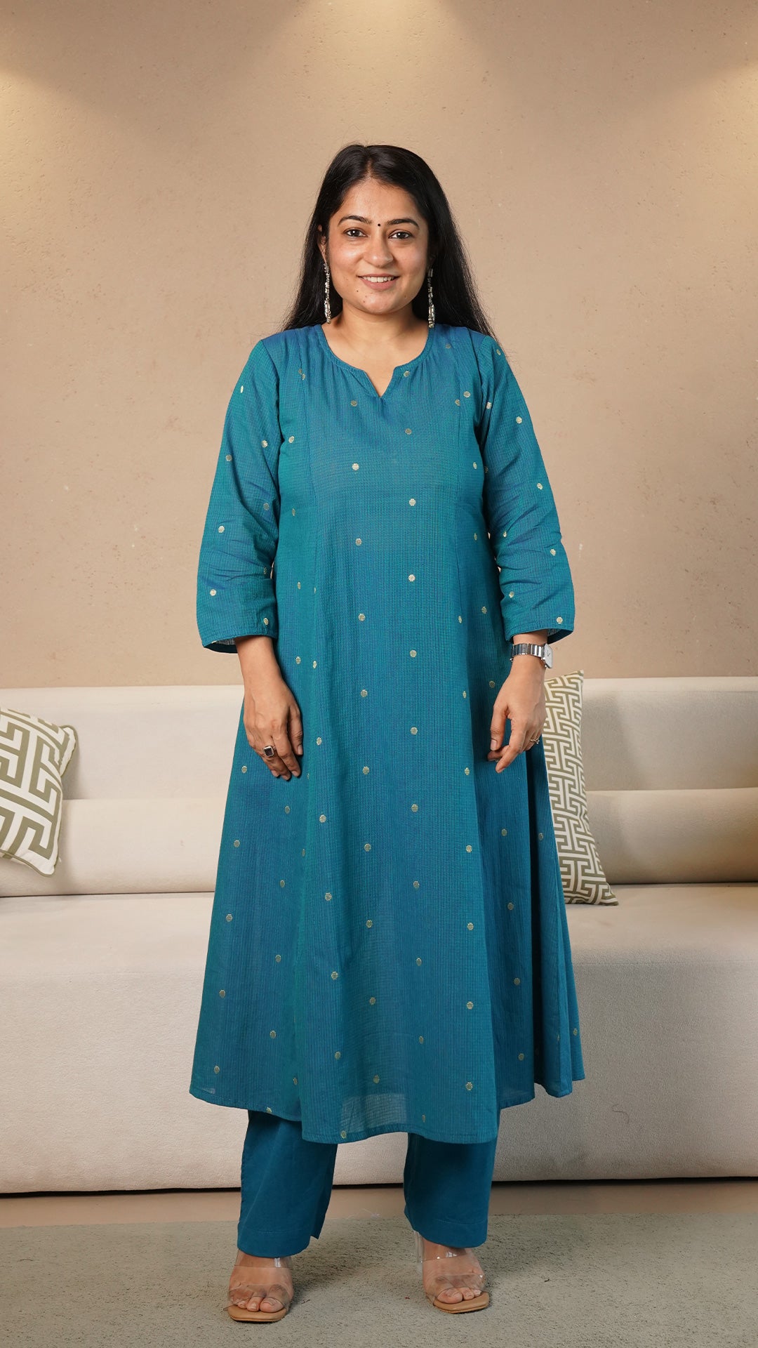 Keya Hand Woven Golden Zari Motif Kali Cotton Kurta - Blue