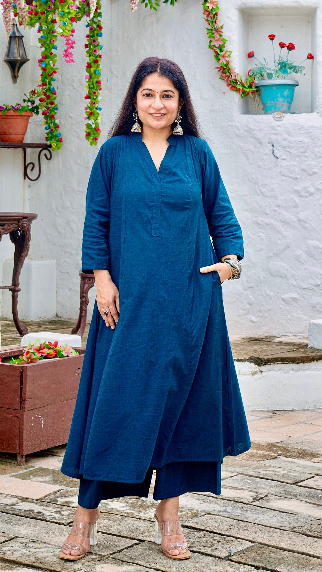 Solid Blue Hand Woven Kali Cotton Kurta