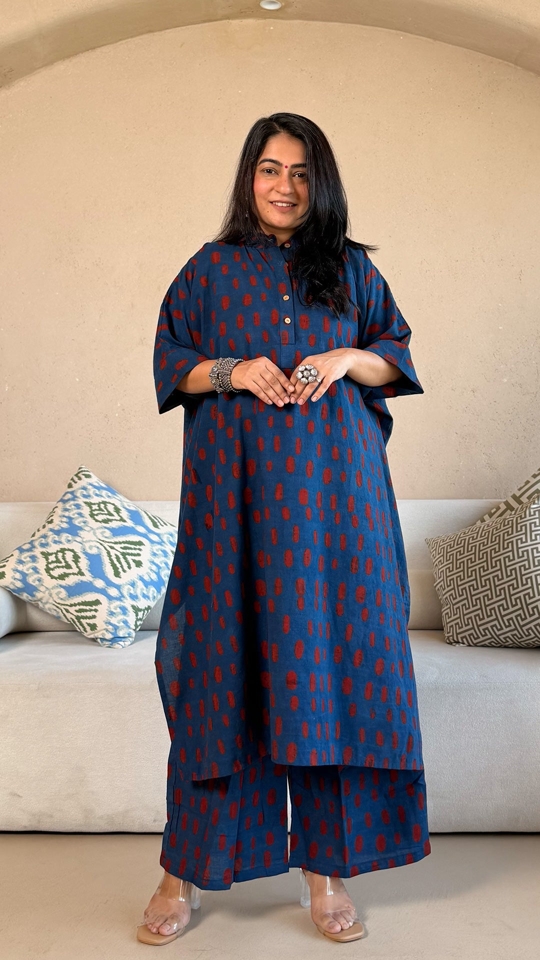 Kanan Ajrakh Cotton Kaftan Co-ord - Indigo/Red