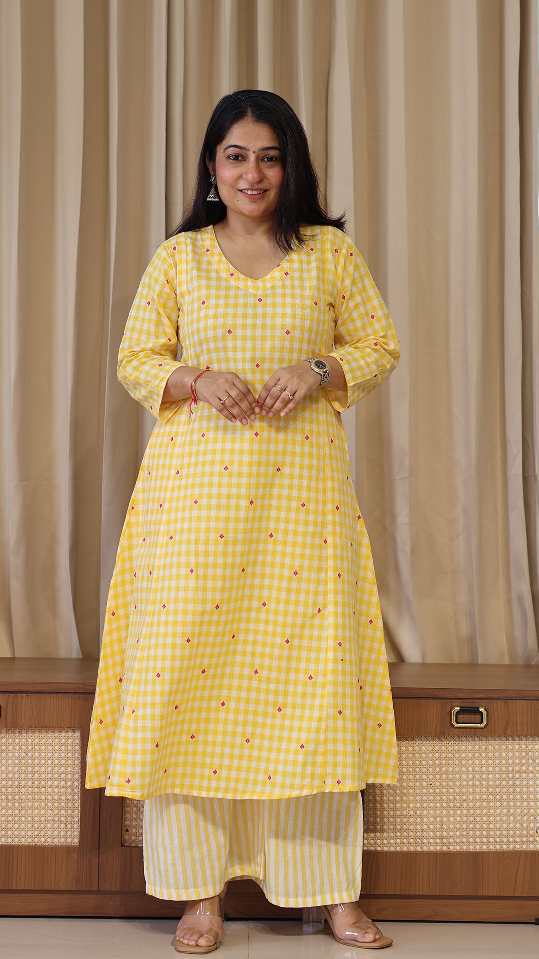 Checks and Stripes Handwoven Cotton Kurta - Yellow