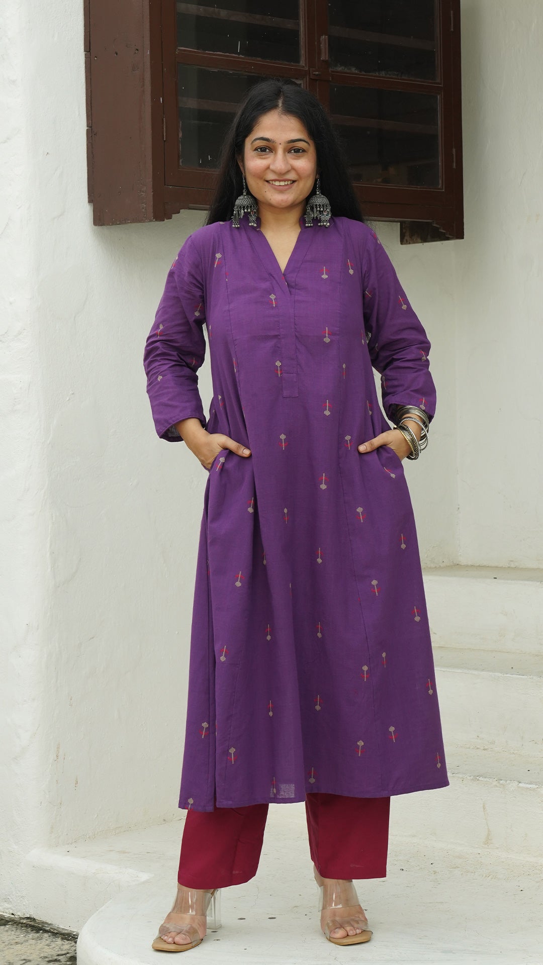 Veda Flower Motif Hand Woven Kali Cotton Kurta - Purple