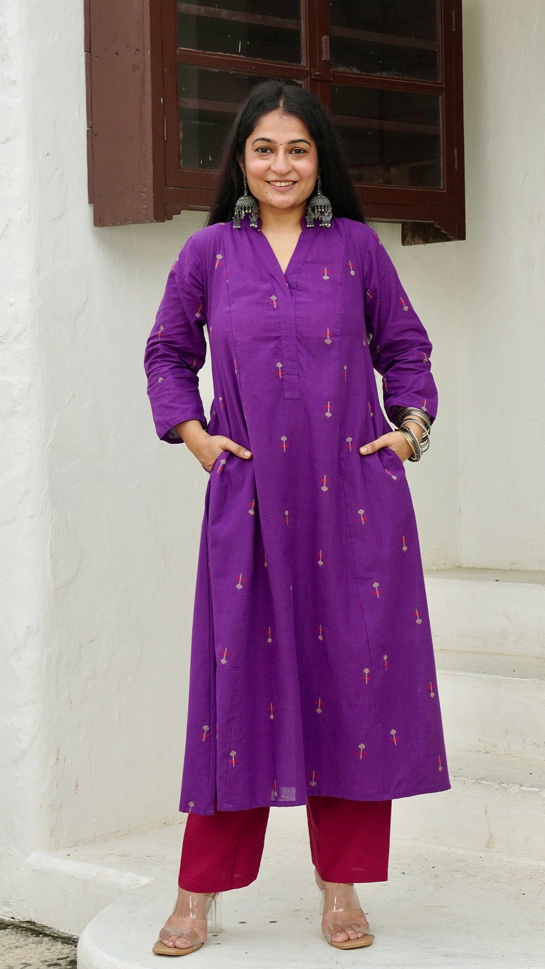 Veda Flower Motif Hand Woven Kali Cotton Kurta - Purple