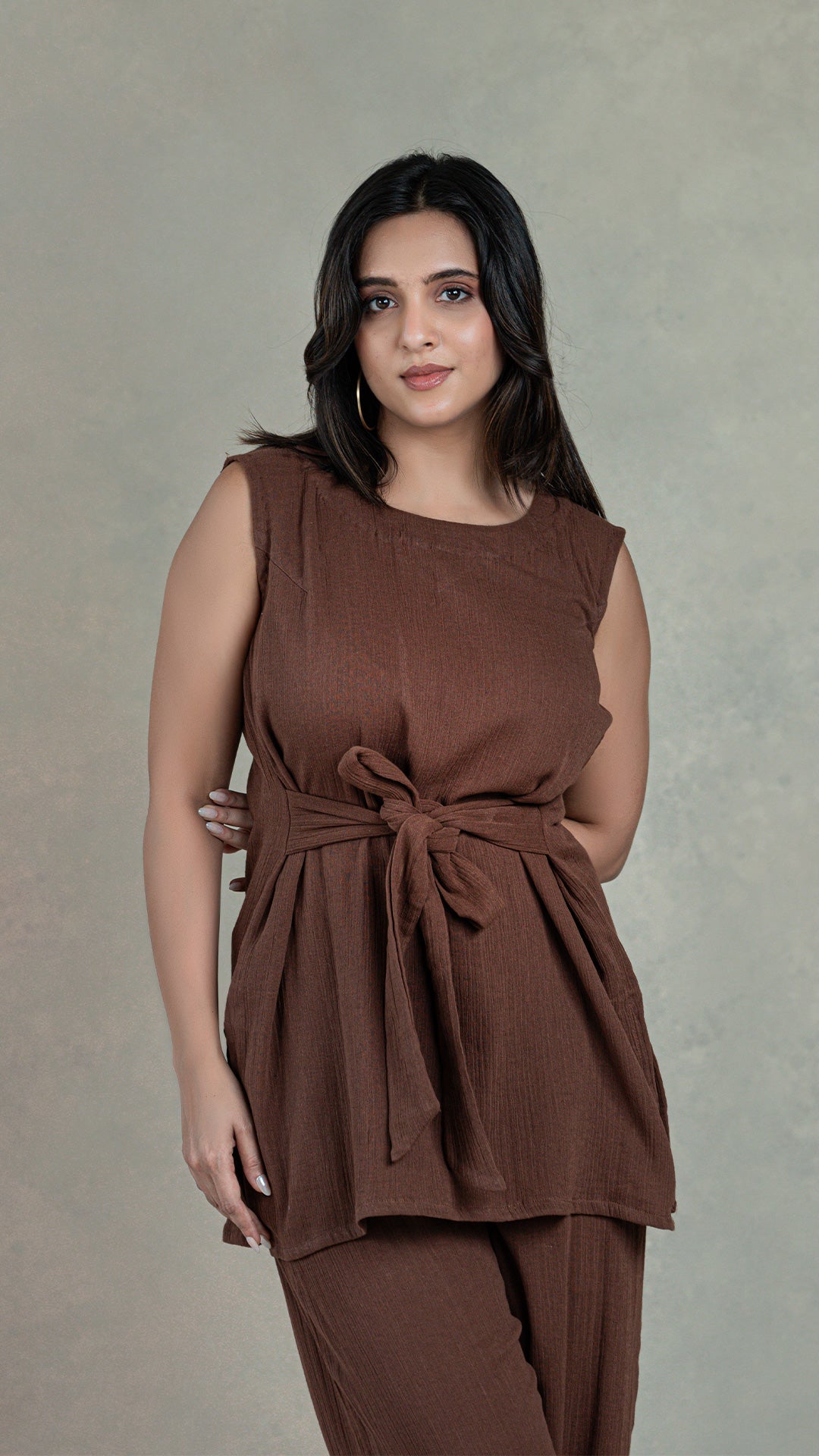 Brown Co-ord Set In Crinkled Cotton