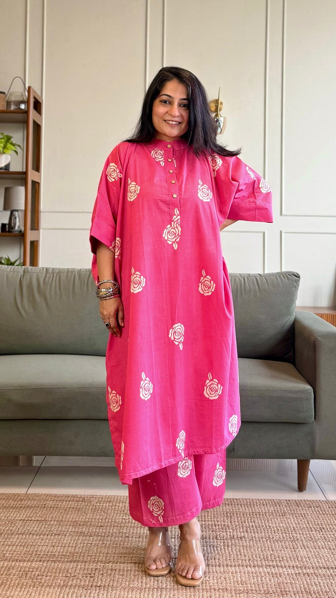 Raahi Kaftan Co-ord In Cotton - Pink