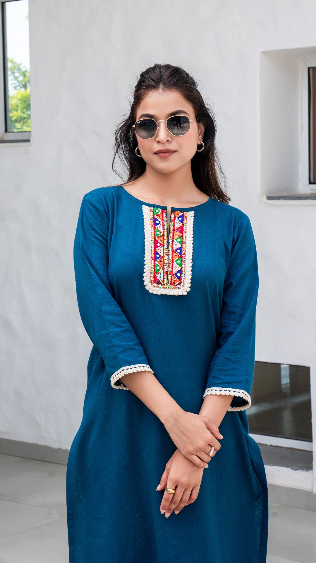 Blue Cotton Kurta With Embroidered Patch