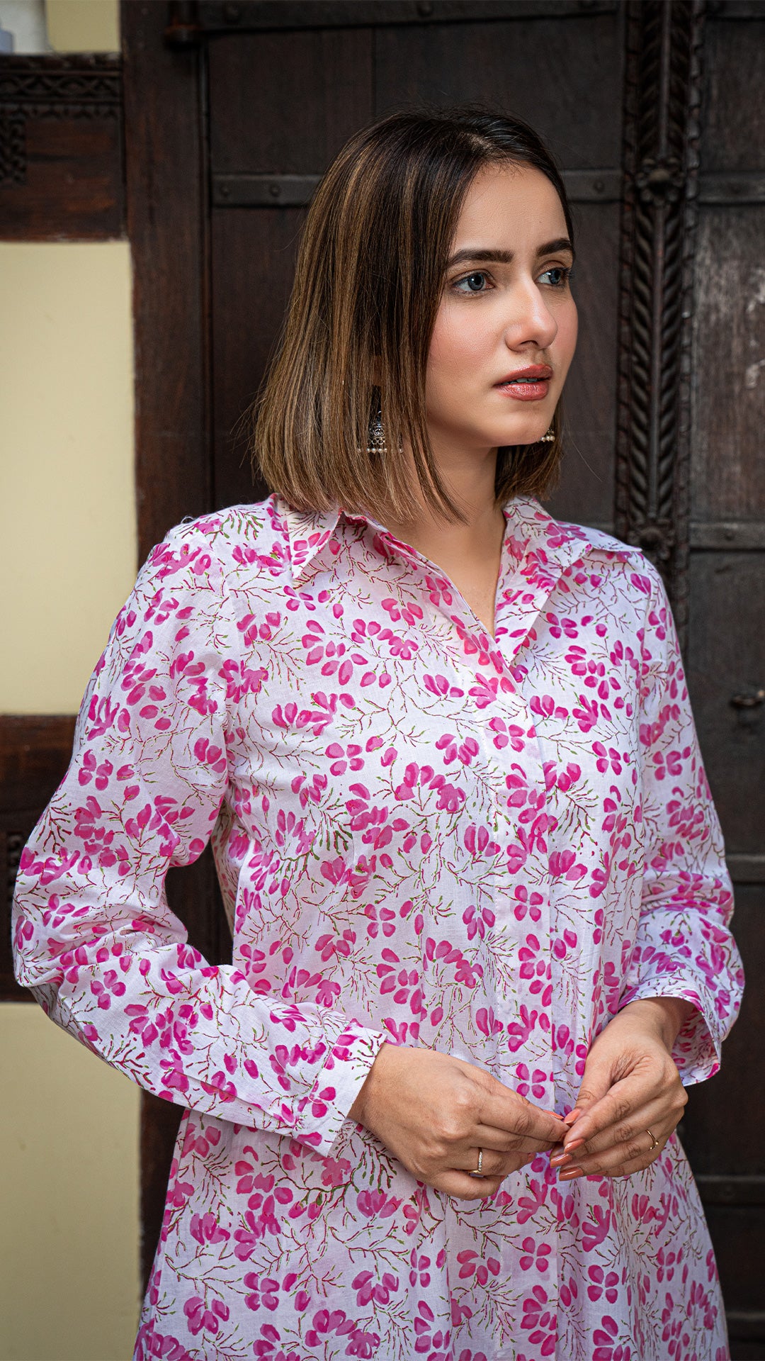 Cherry Blossom Sanganeri Hand Block Shirt Dress