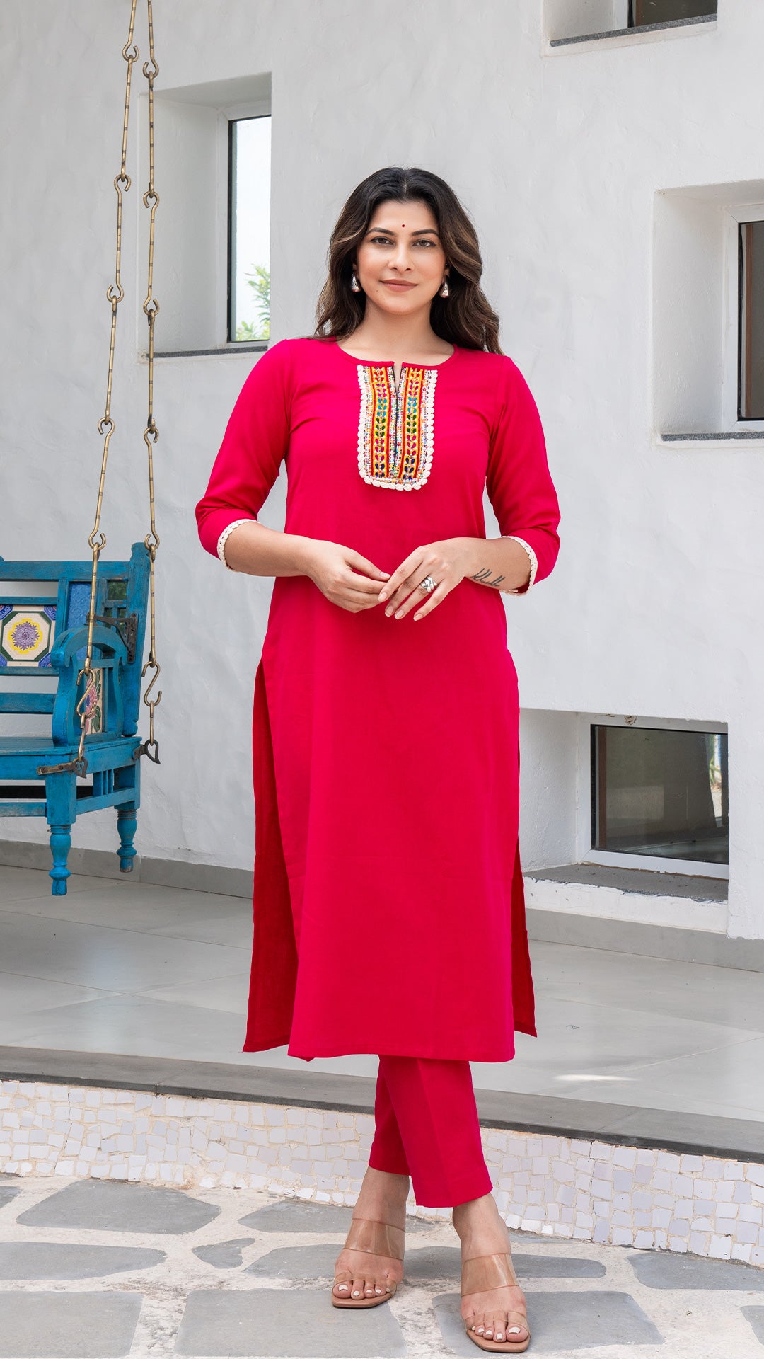 Rani Pink Cotton Kurta With Embroidered Patch