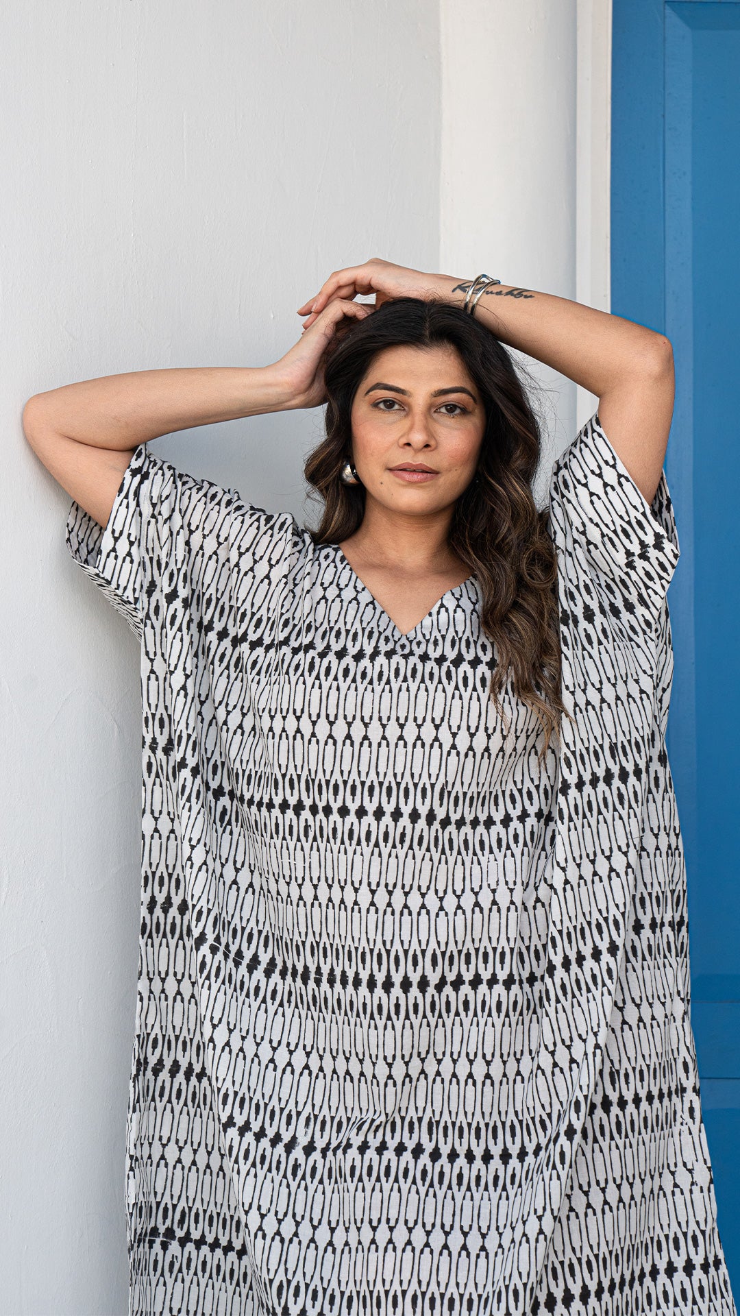 White/Black Geometric Print Cotton Kaftan