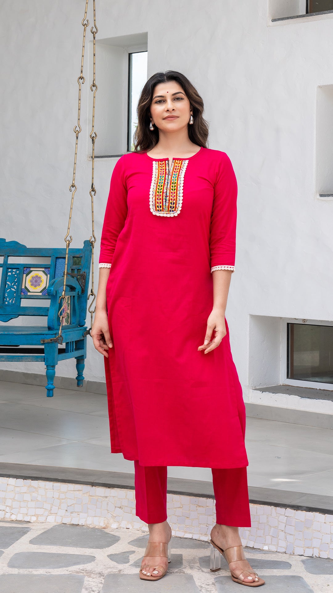 Rani Pink Cotton Kurta With Embroidered Patch