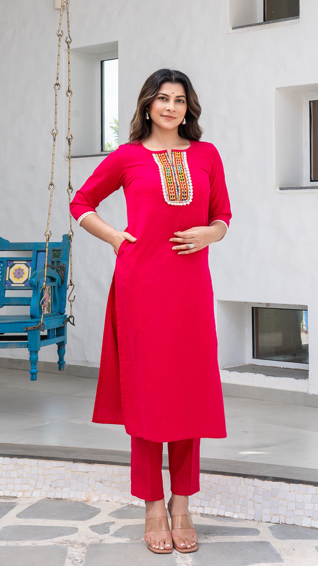 Rani Pink Cotton Kurta With Embroidered Patch