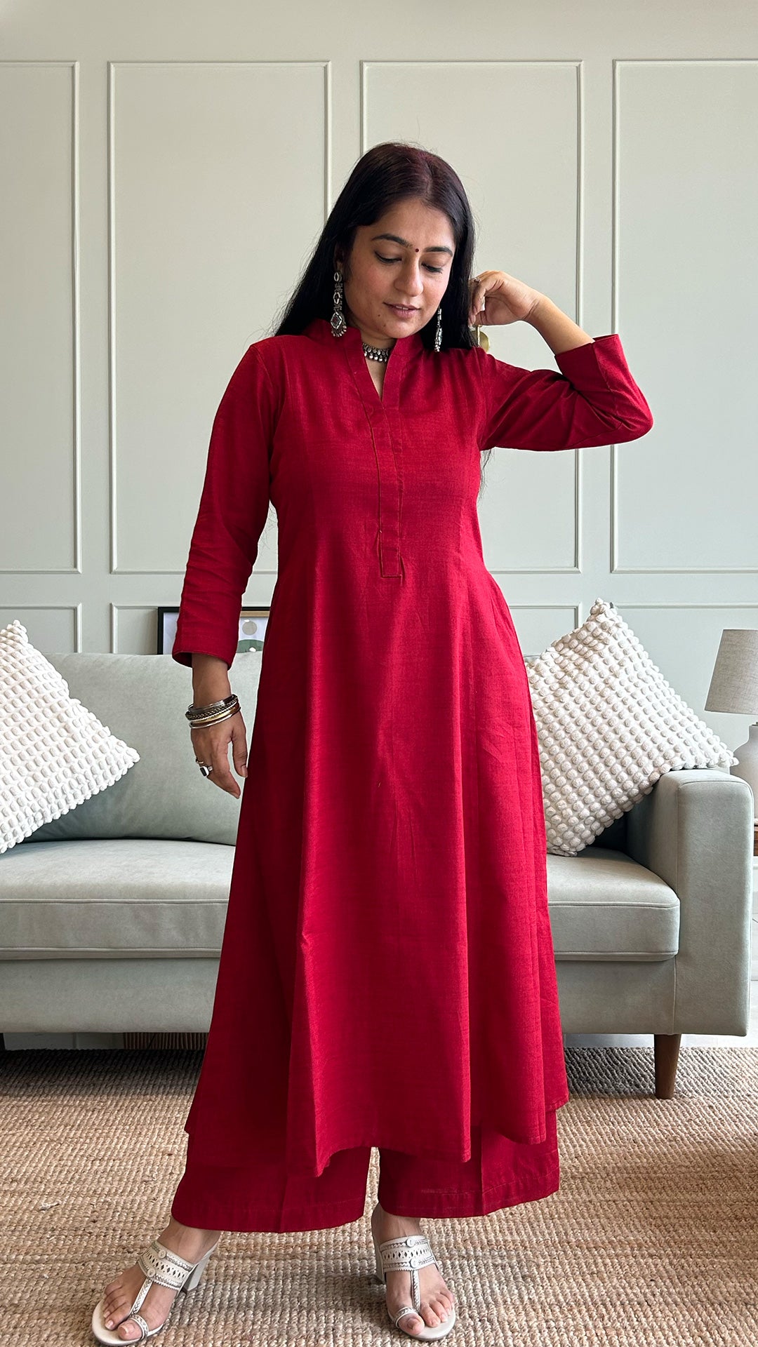 Solid Red Hand Woven Kali Cotton Kurta