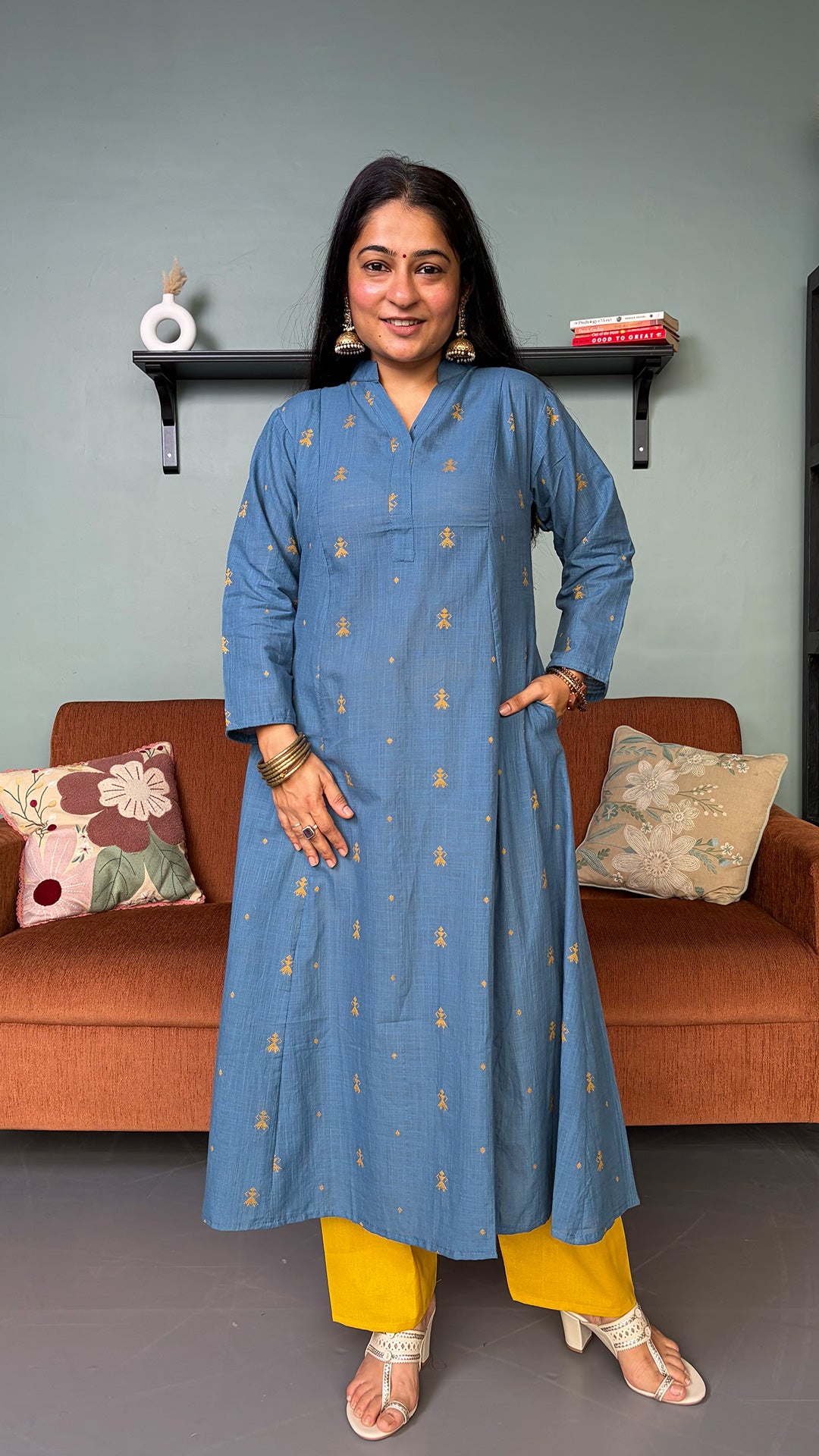 Natasha Blue Hand Woven Kali Cotton Kurta