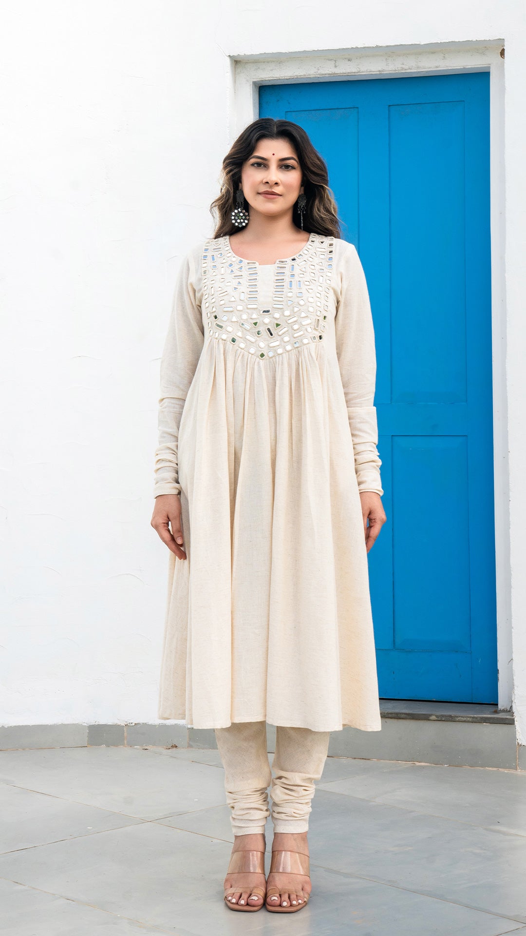 Ivory Mirror Embroidered Kurta In Cotton