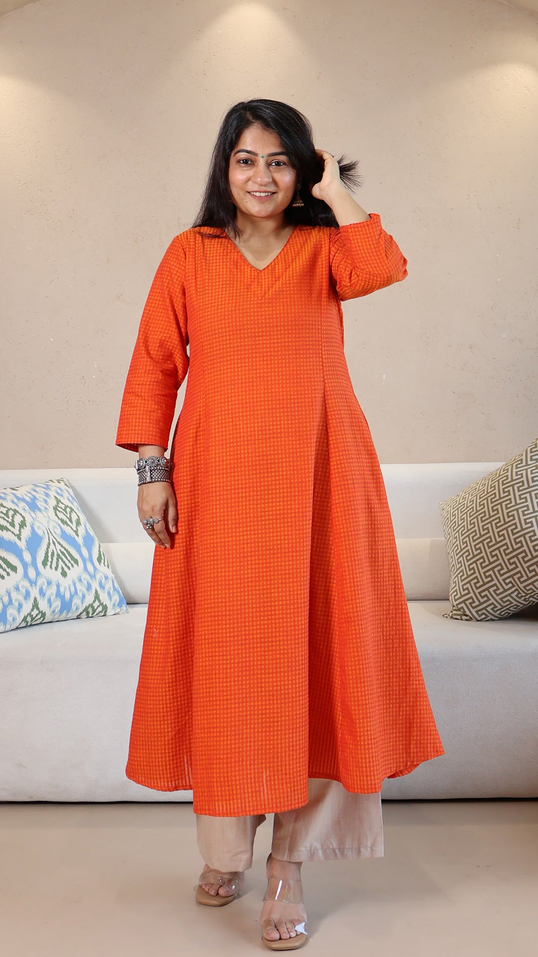 Orange Checkered Handwoven Cotton Kurta