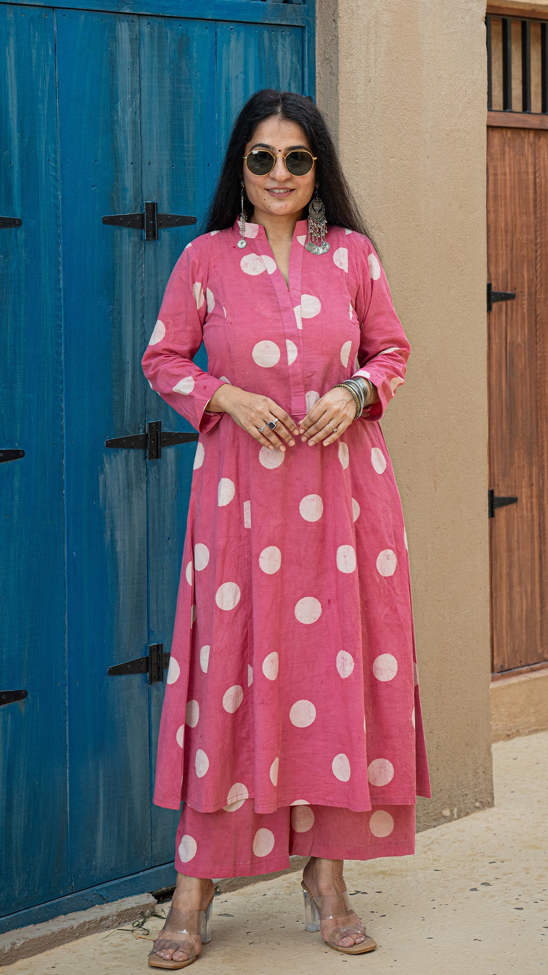 Pink Polka Dots Kali Kurta In Cotton