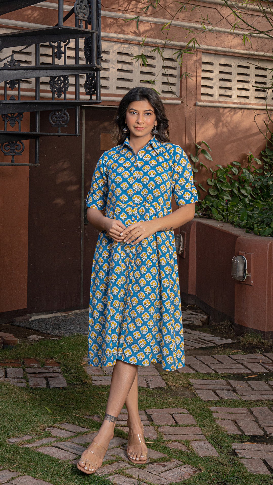 Ayeza Sanganeri Hand Block Cotton Shirt Dress : Blue-Yellow Motifs