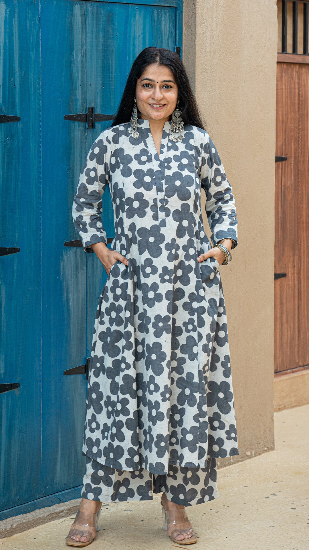 Rhea - Grey Floral Kali Kurta In Cotton