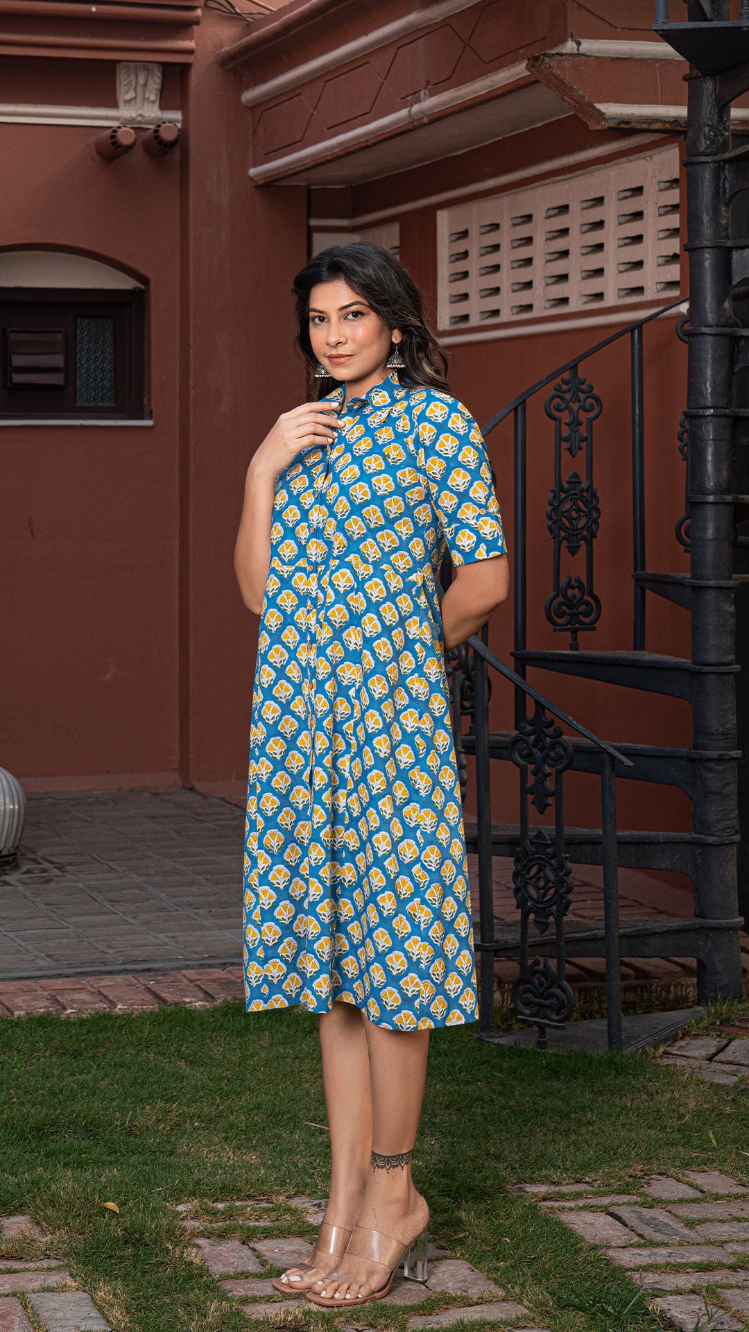 Ayeza Sanganeri Hand Block Cotton Shirt Dress : Blue-Yellow Motifs