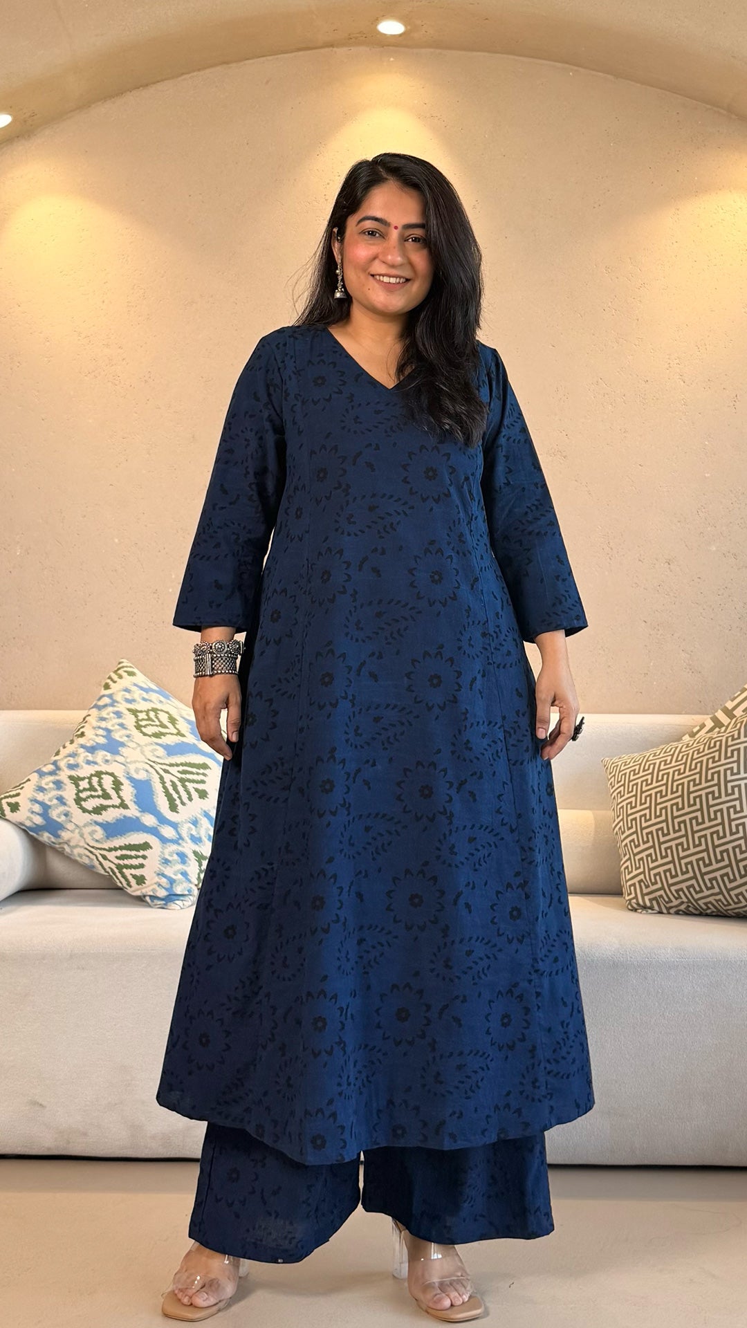 Mishti Ajrakh Cotton Hand Block Kurta Set- Indigo/Black