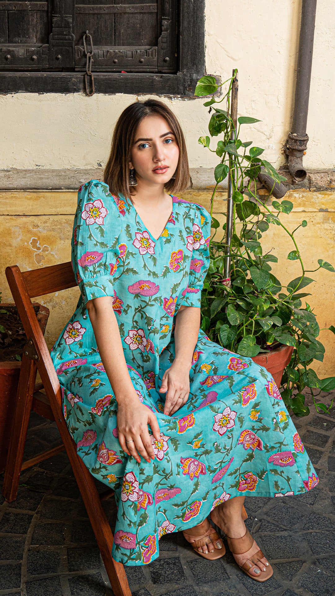 Gul Sanganeri Print Cotton Dress - Turquoise