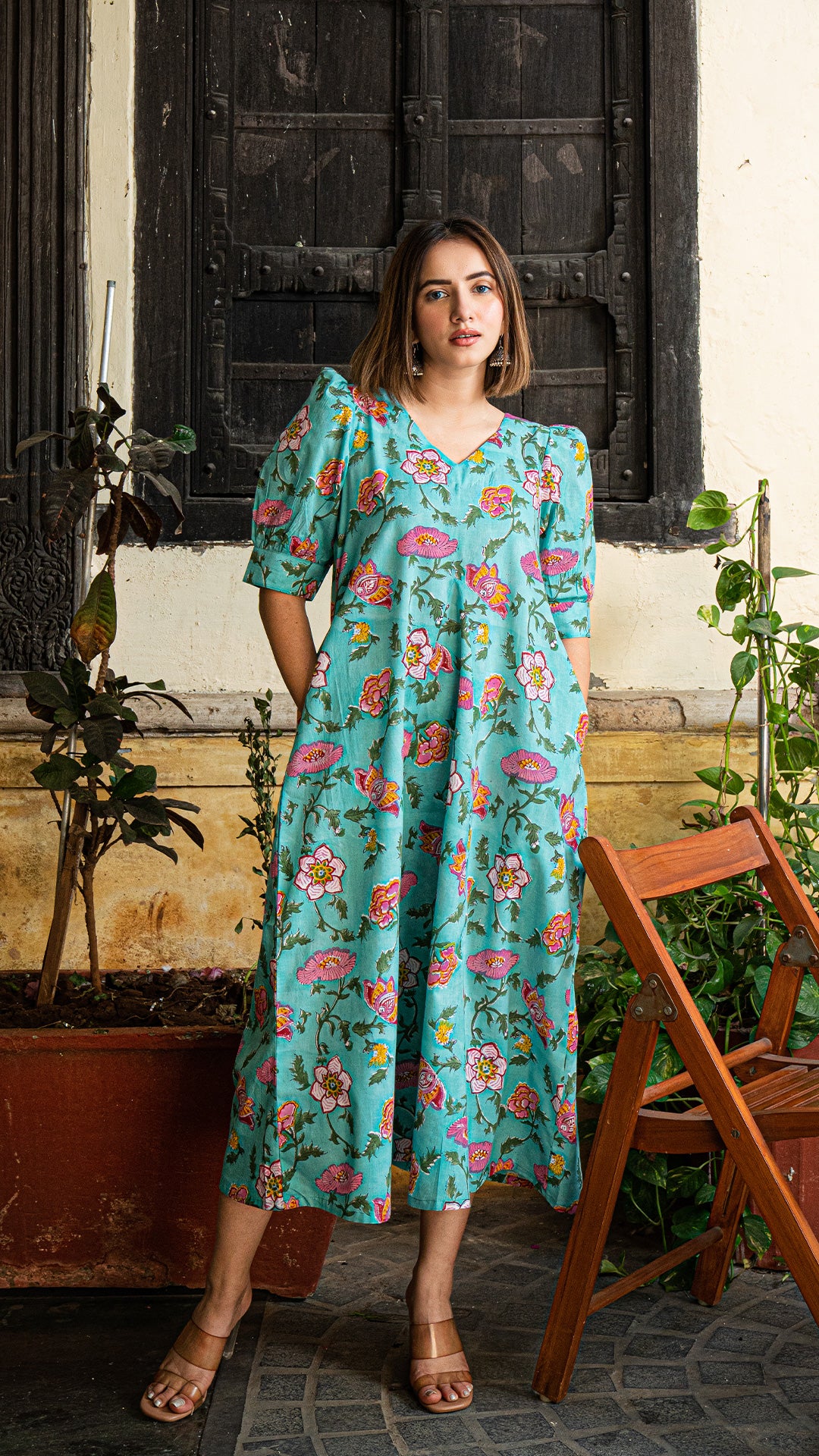 Gul Sanganeri Print Cotton Dress - Turquoise