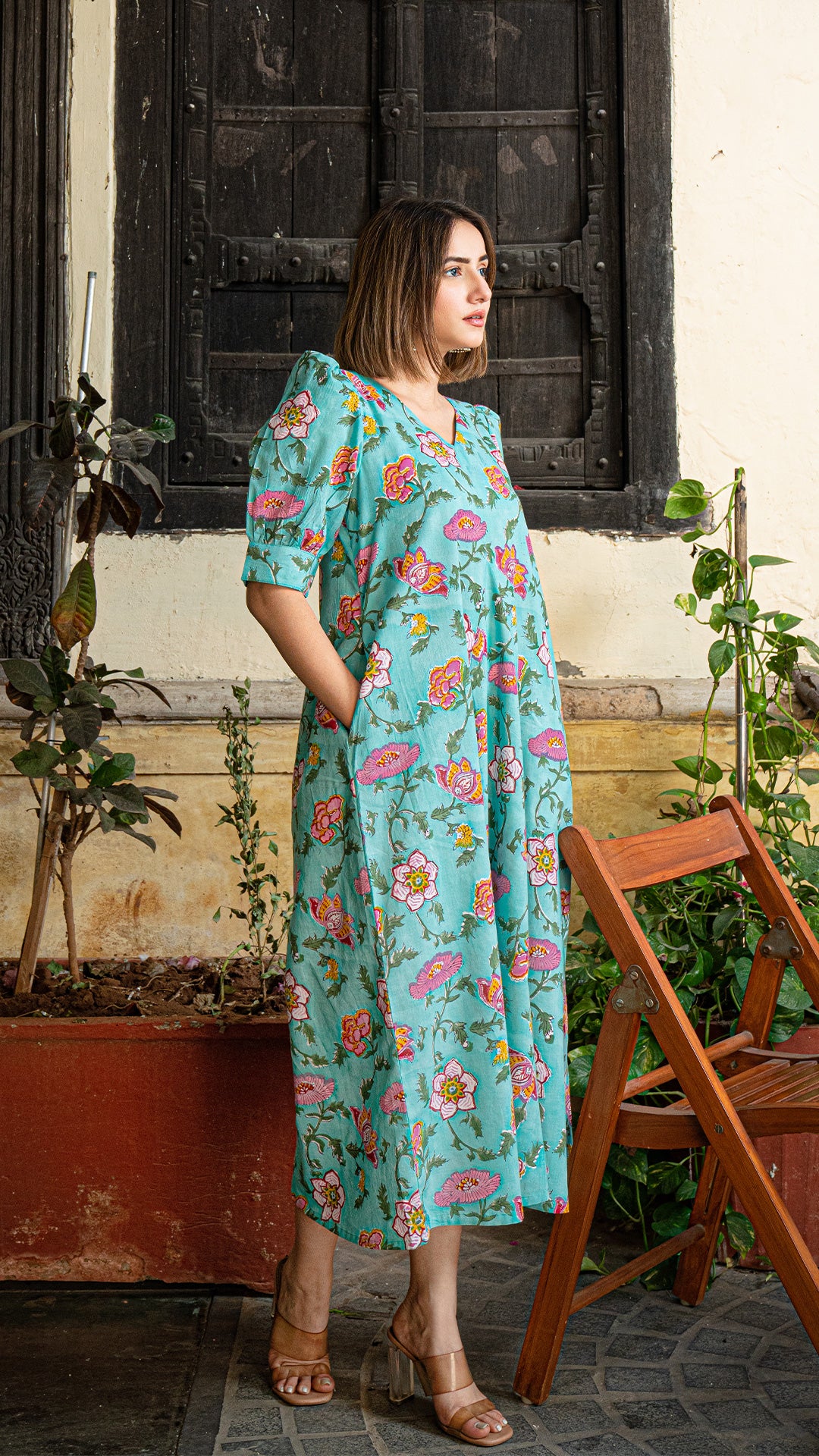 Gul Sanganeri Print Cotton Dress - Turquoise