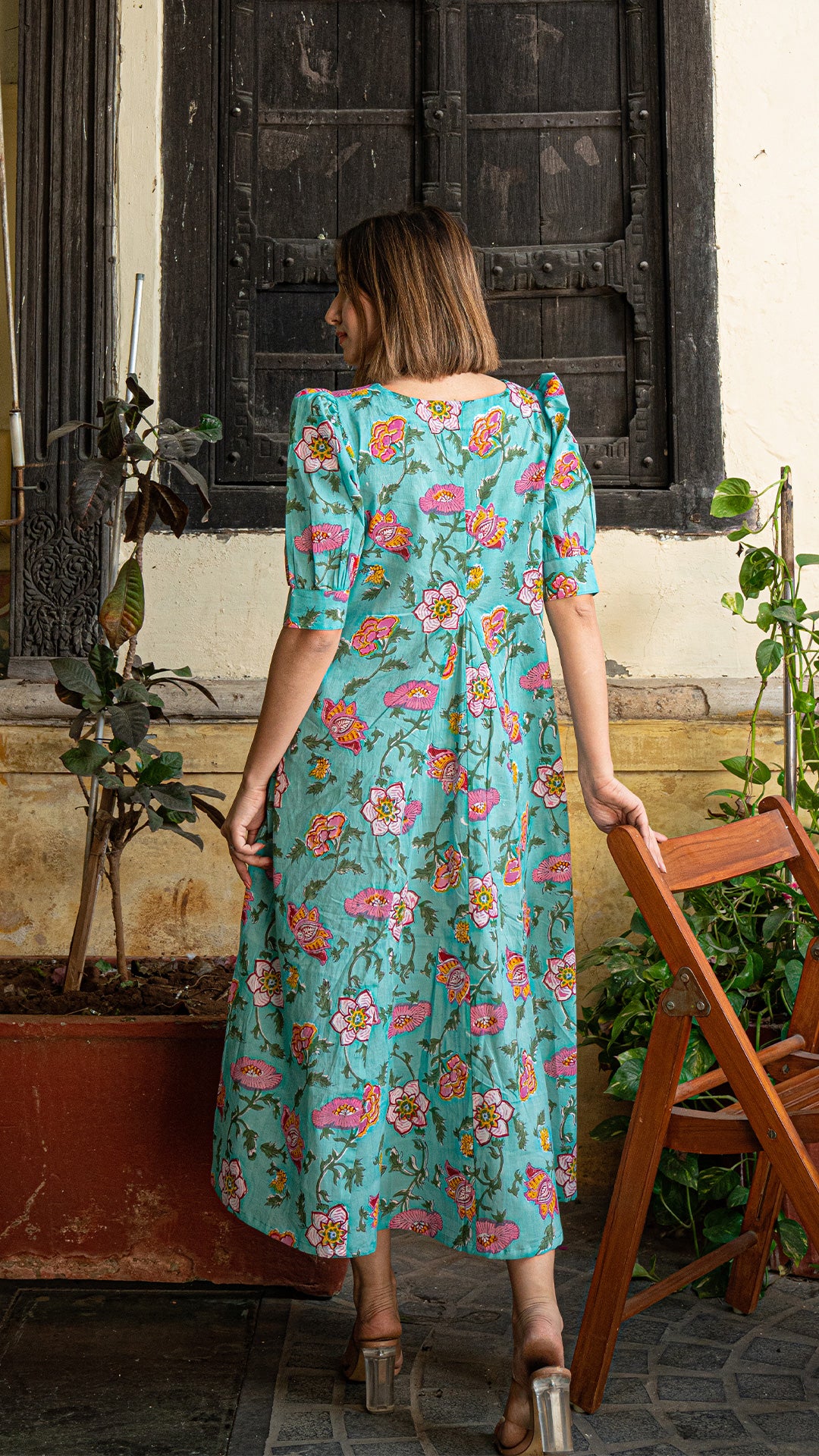 Gul Sanganeri Print Cotton Dress - Turquoise