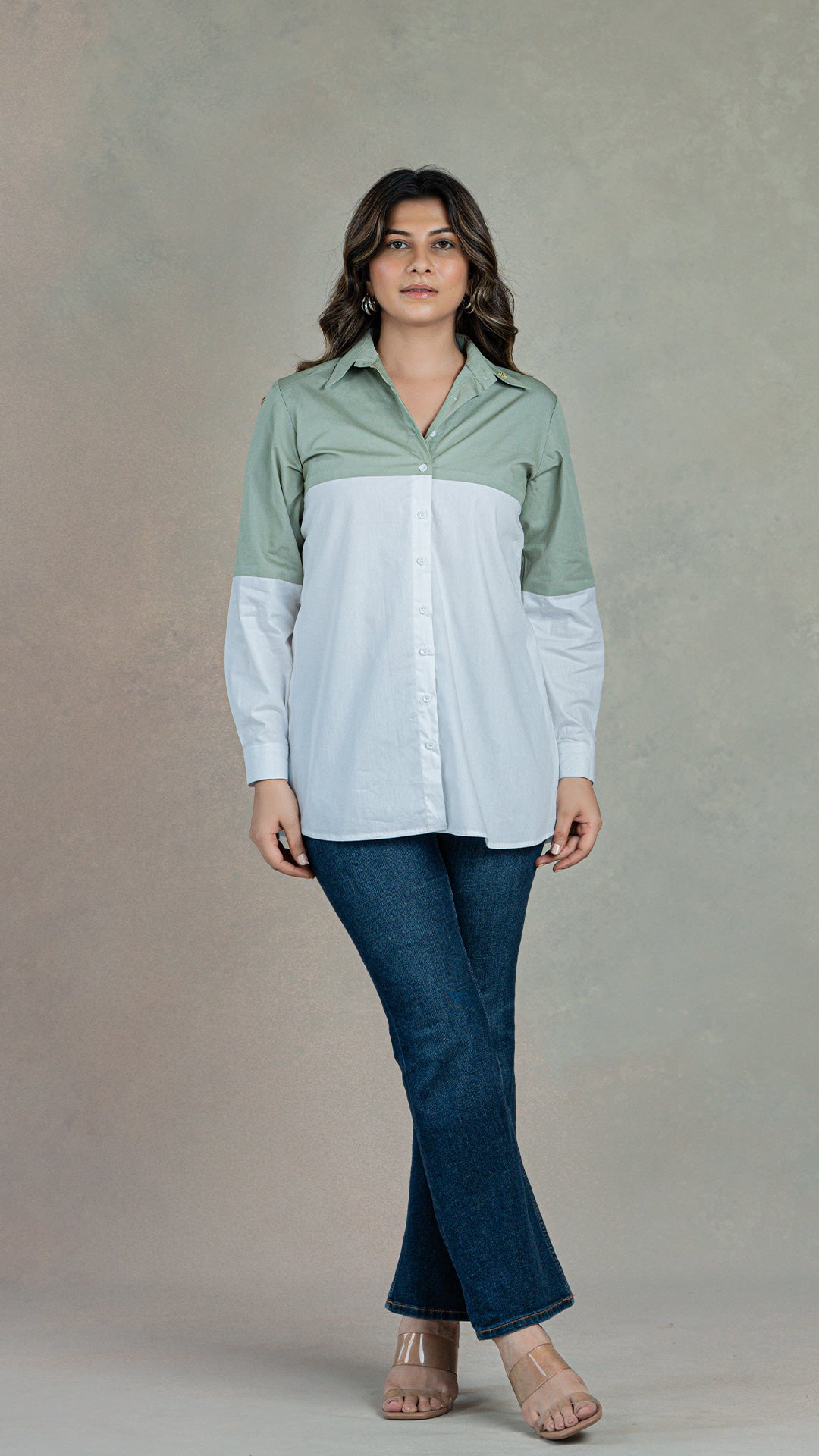 Sage Green - White Cotton Shirt