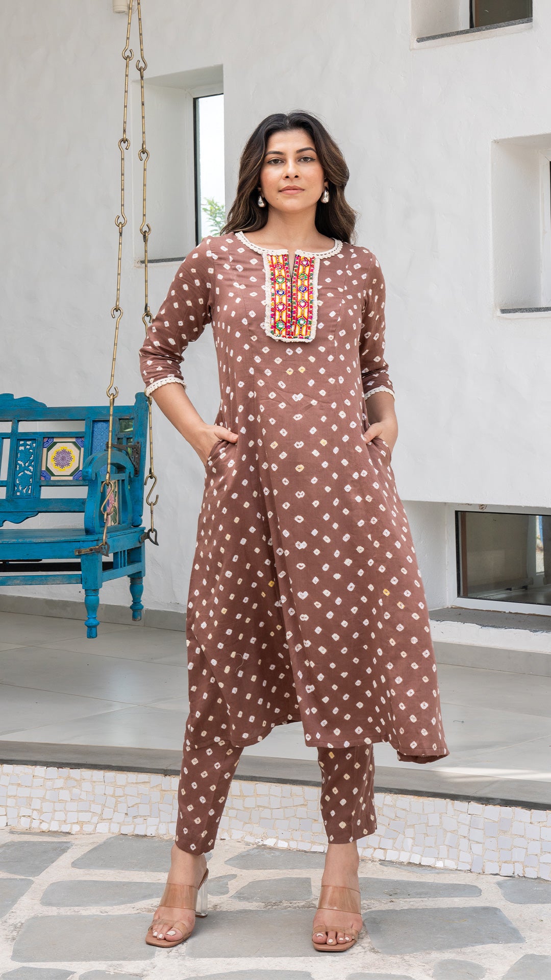 Brown Bandhani Cotton Kurta With Embroidered Patch