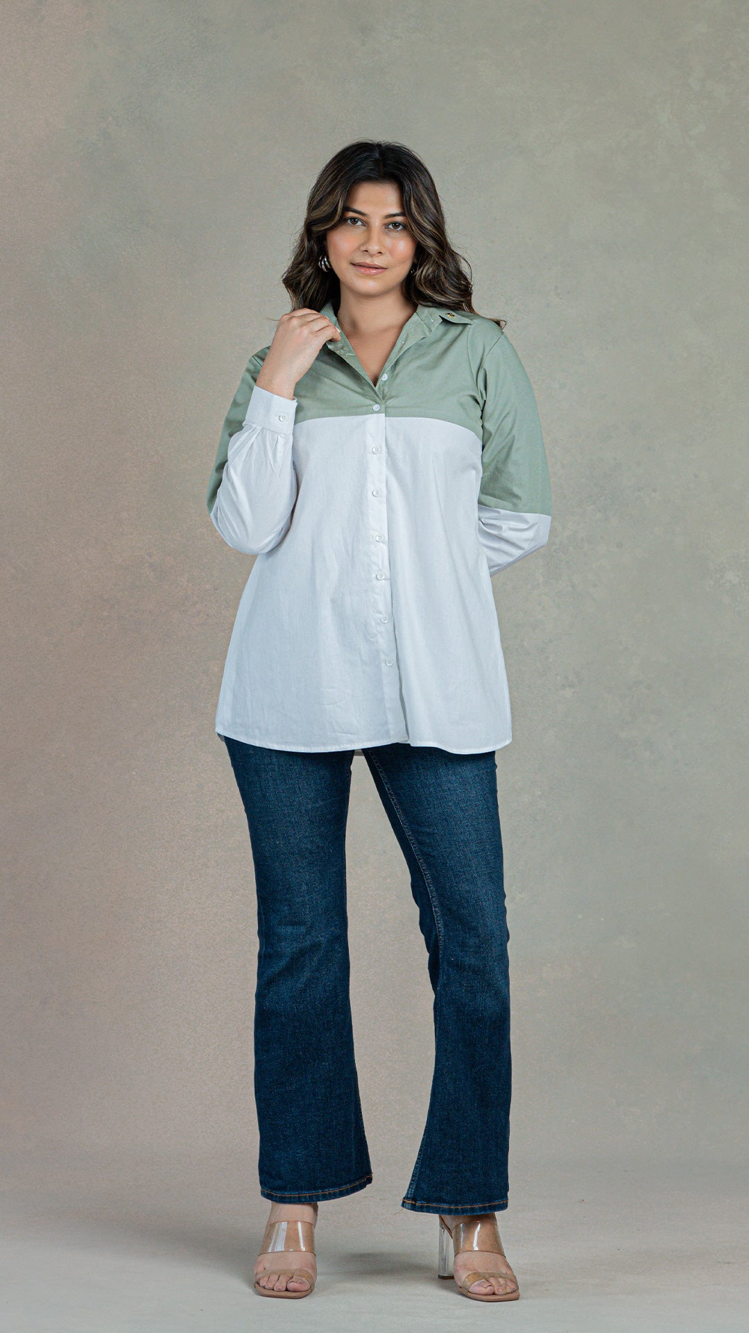 Sage Green - White Cotton Shirt