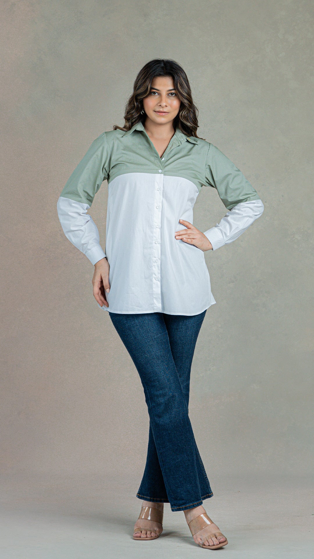 Sage Green - White Cotton Shirt