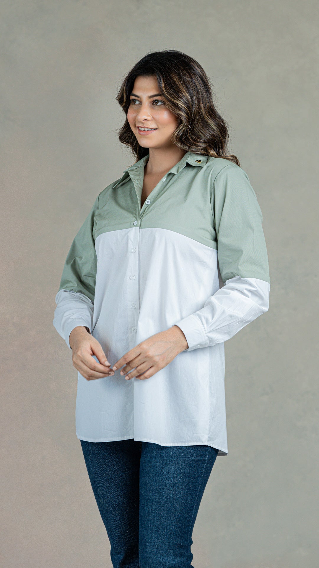 Sage Green - White Cotton Shirt