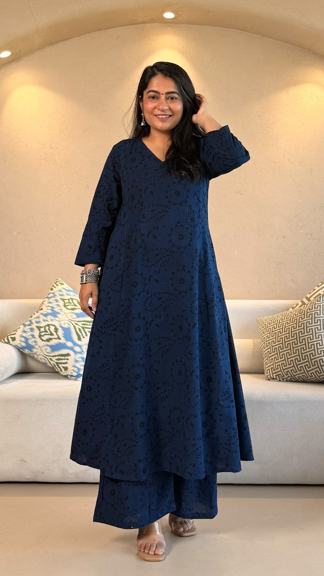 Mishti Ajrakh Cotton Hand Block Kurta Set- Indigo/Black