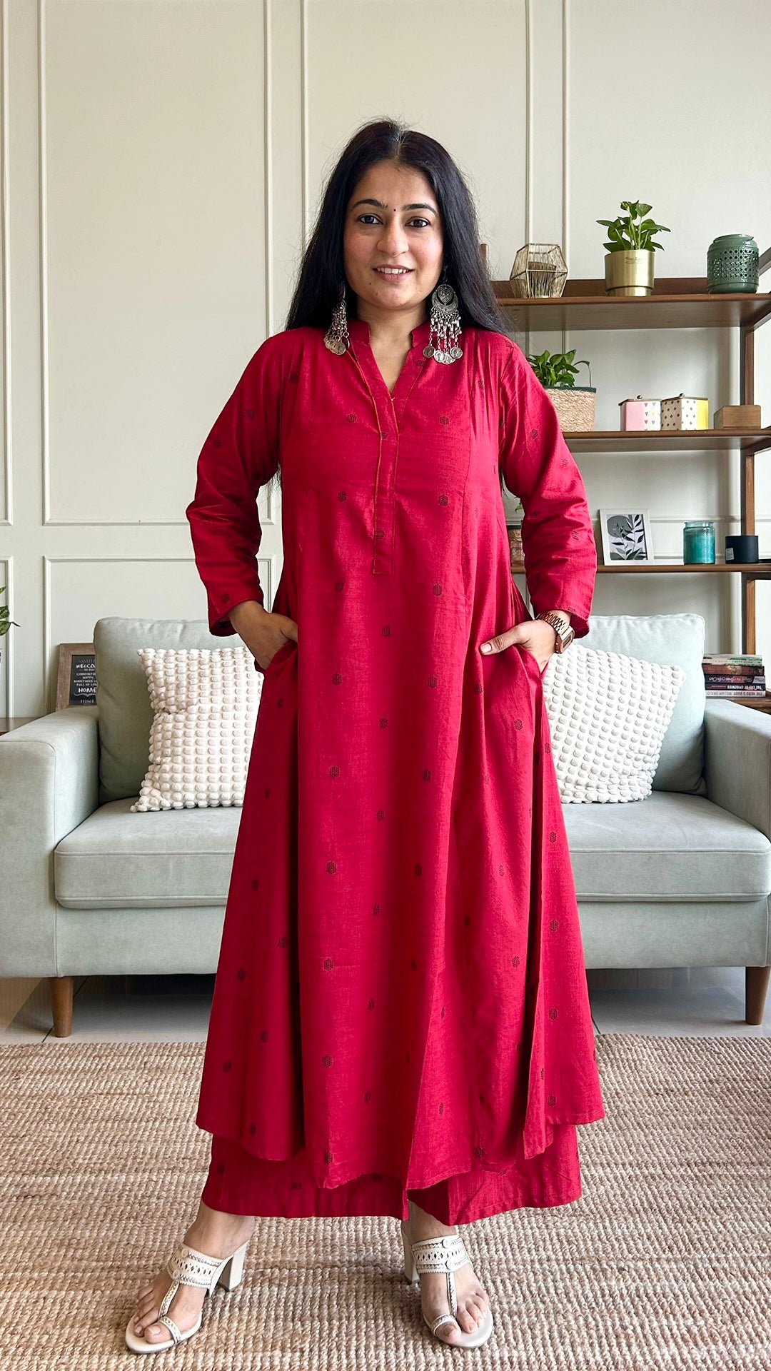 Simran Red Hand Woven Kali Cotton Kurta