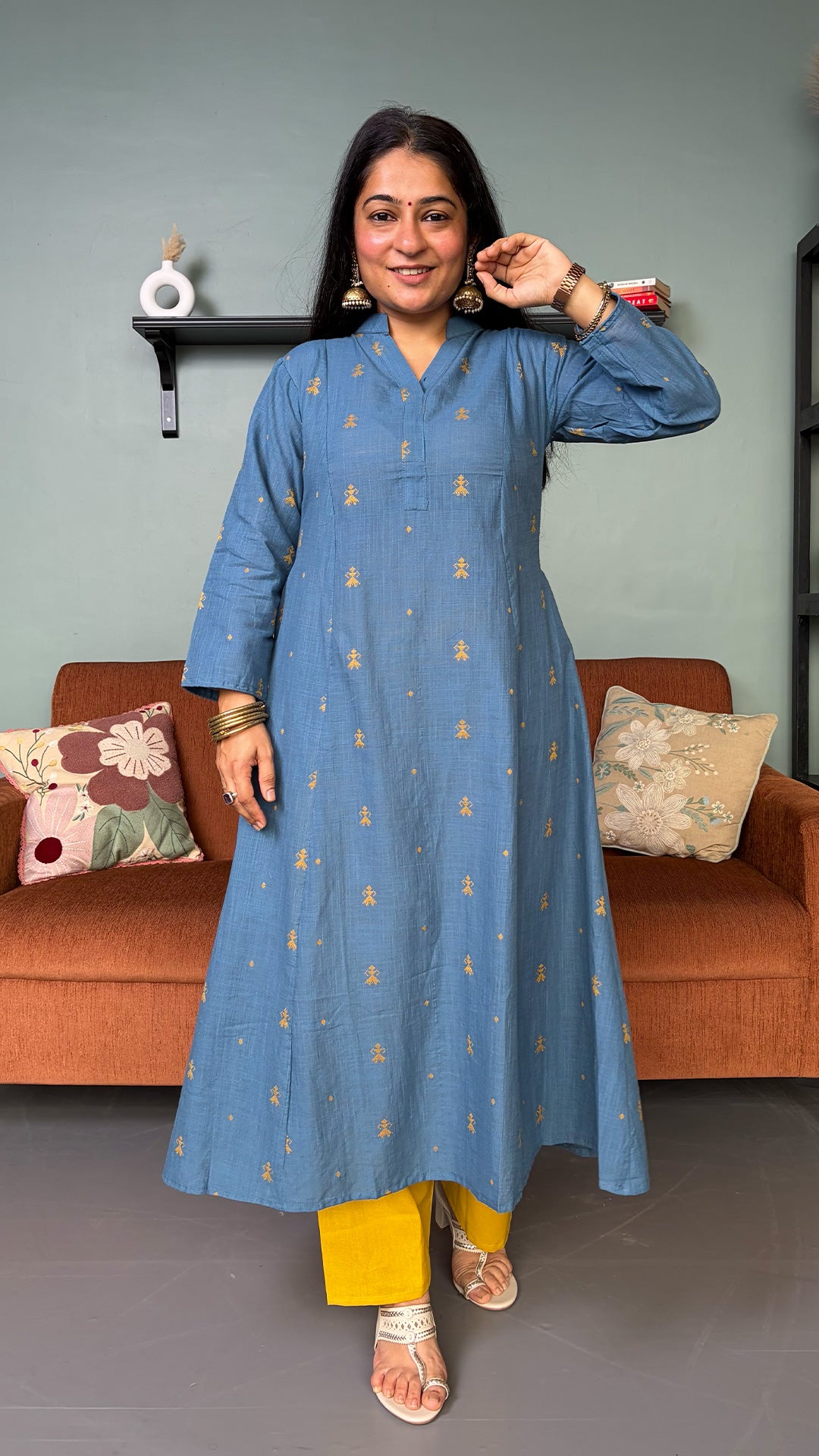 Natasha Blue Hand Woven Kali Cotton Kurta