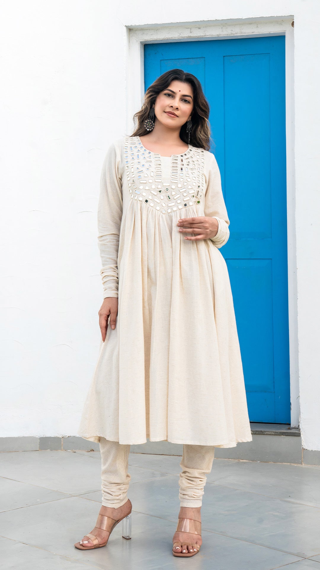 Ivory Mirror Embroidered Kurta In Cotton