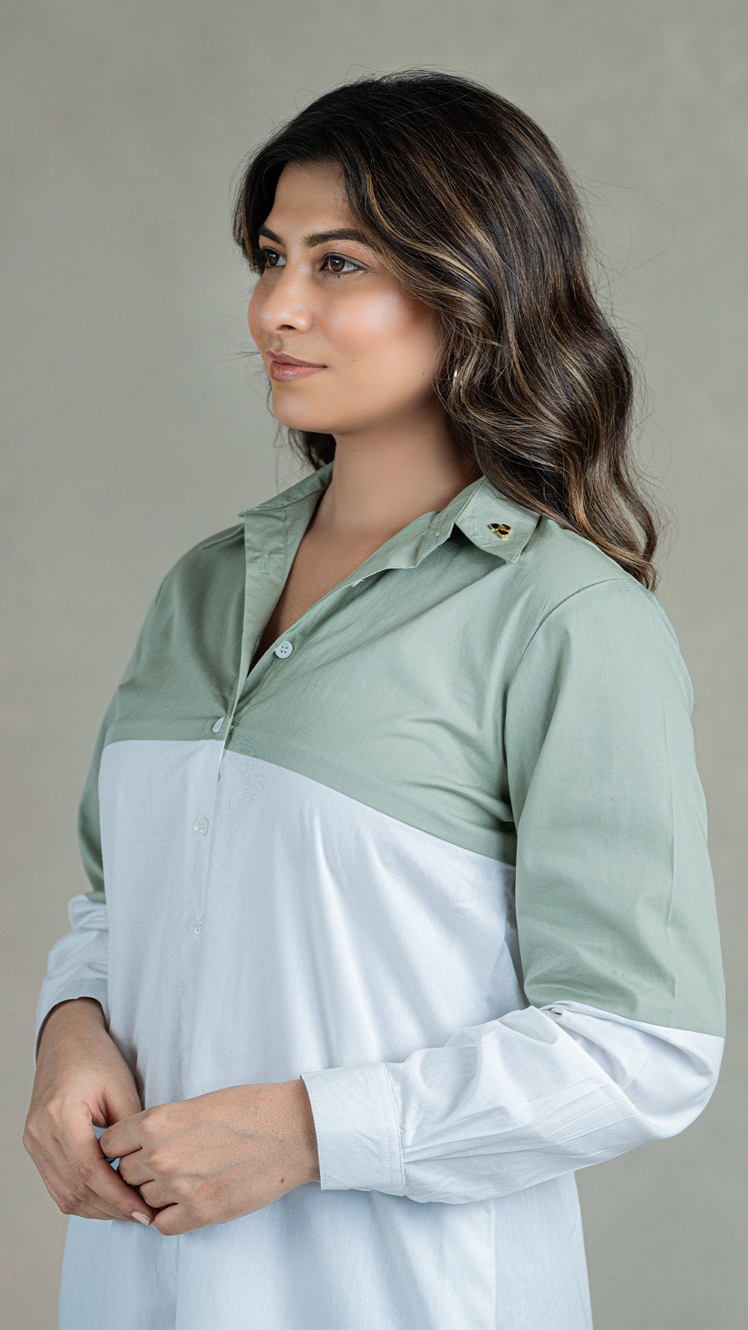 Sage Green - White Cotton Shirt