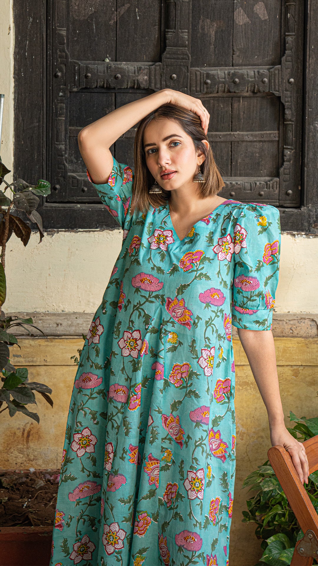 Gul Sanganeri Print Cotton Dress - Turquoise