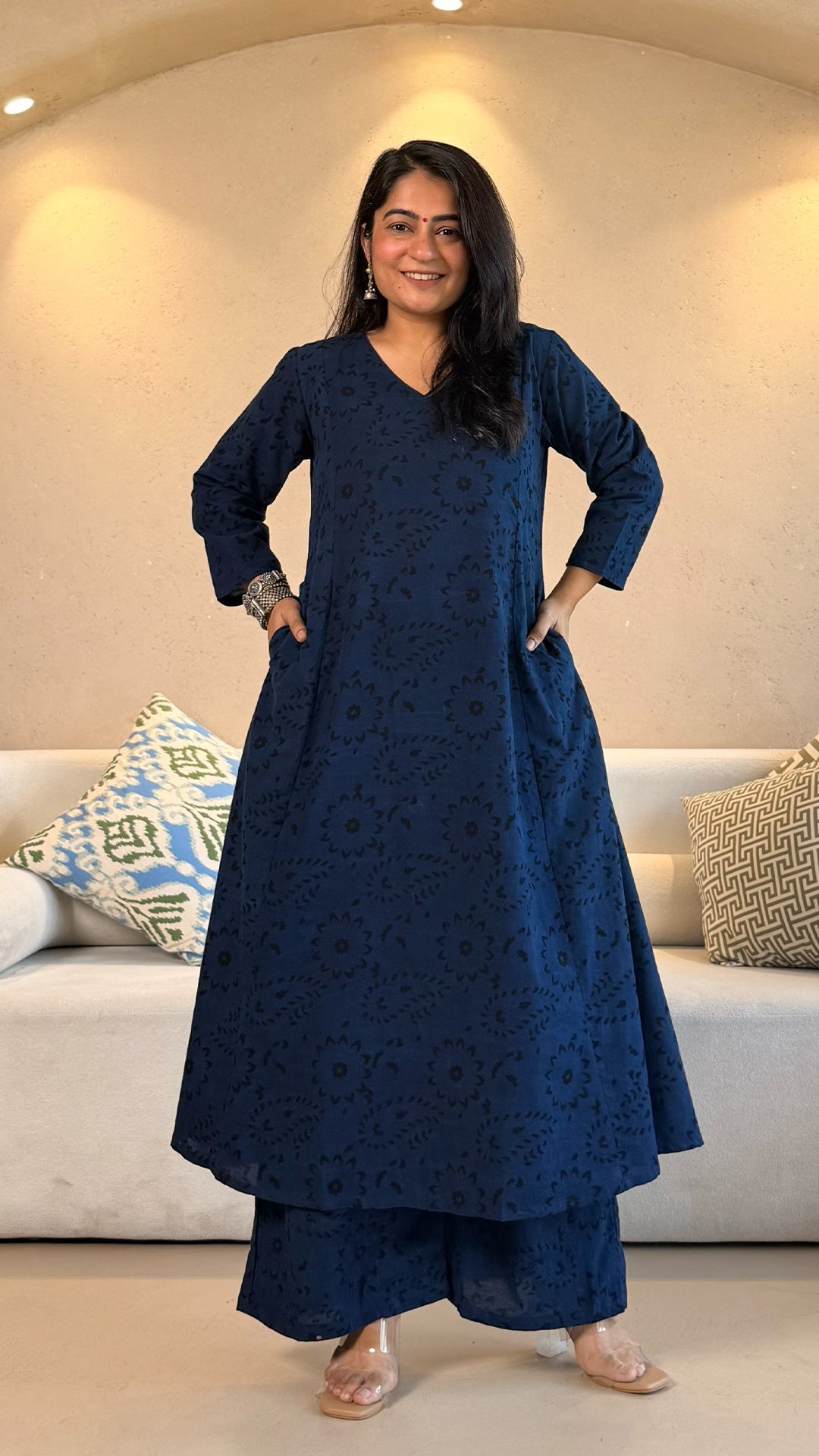 Mishti Ajrakh Cotton Hand Block Kurta Set- Indigo/Black