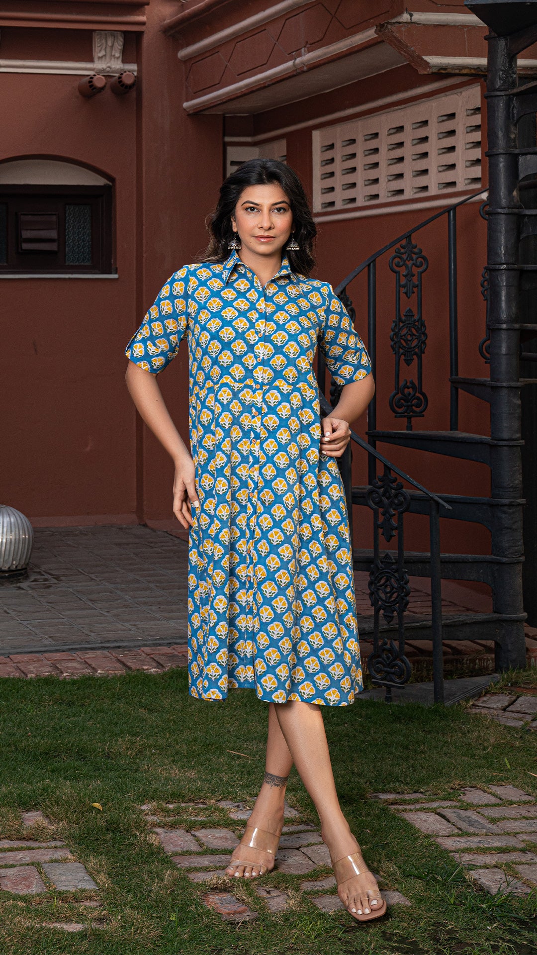 Ayeza Sanganeri Hand Block Cotton Shirt Dress : Blue-Yellow Motifs