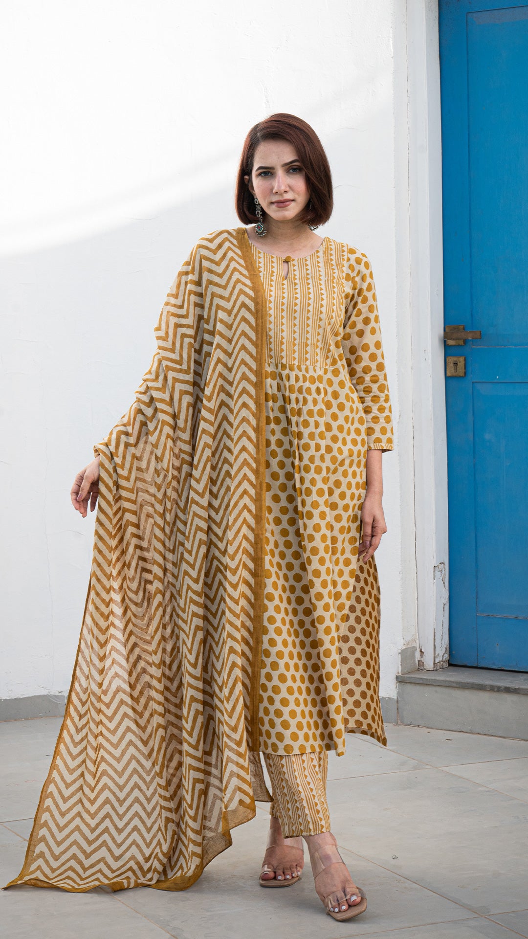 Anu Polka Dots Hand Block Pleated Cotton Kurta - Mustard