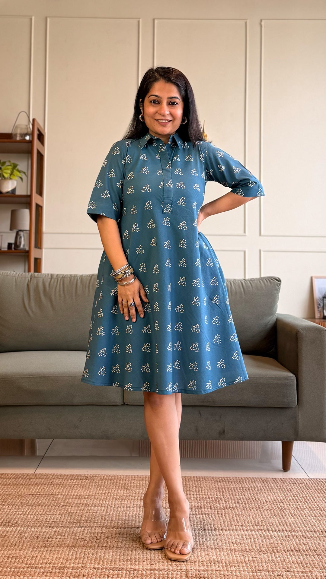 Huma Cotton Skater Dress - Blue