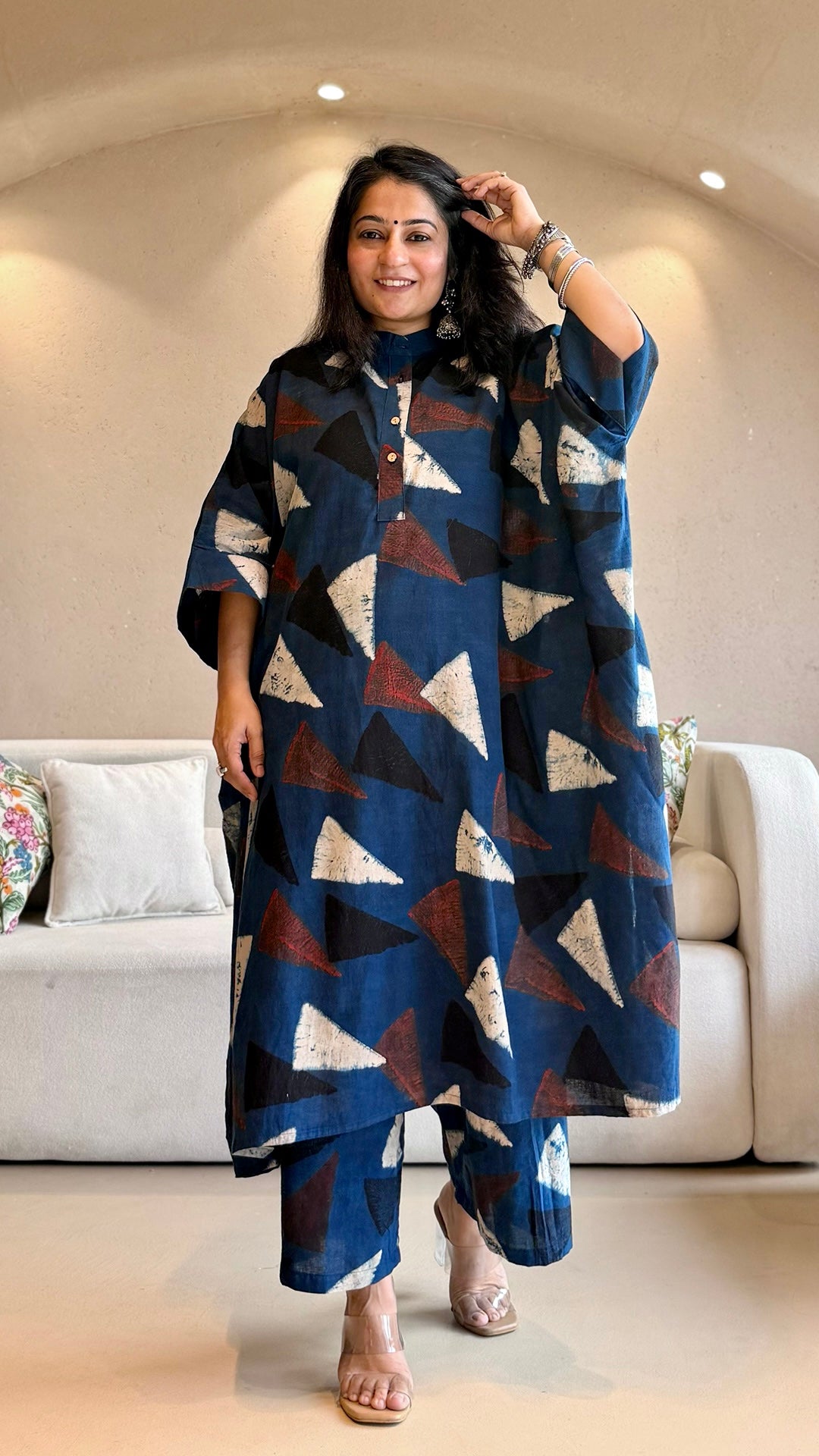 Minal Ajrakh Kaftan co-ord In Cotton - Indigo