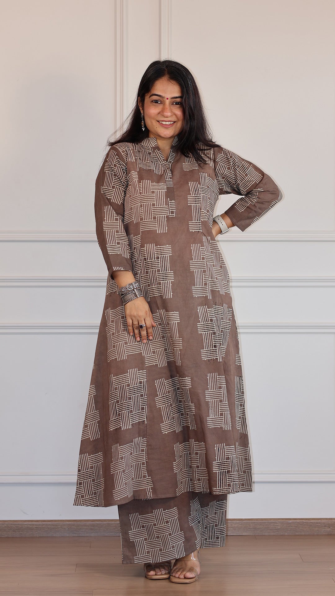 Sofia Geometric Print Ajrakh Cotton Hand Block Kurta Set- Sand