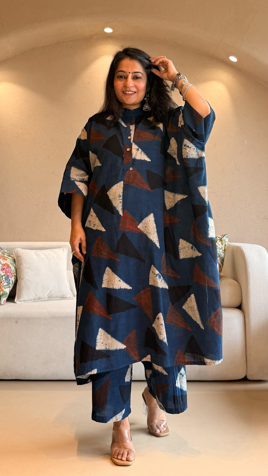 Minal Ajrakh Kaftan co-ord In Cotton - Indigo