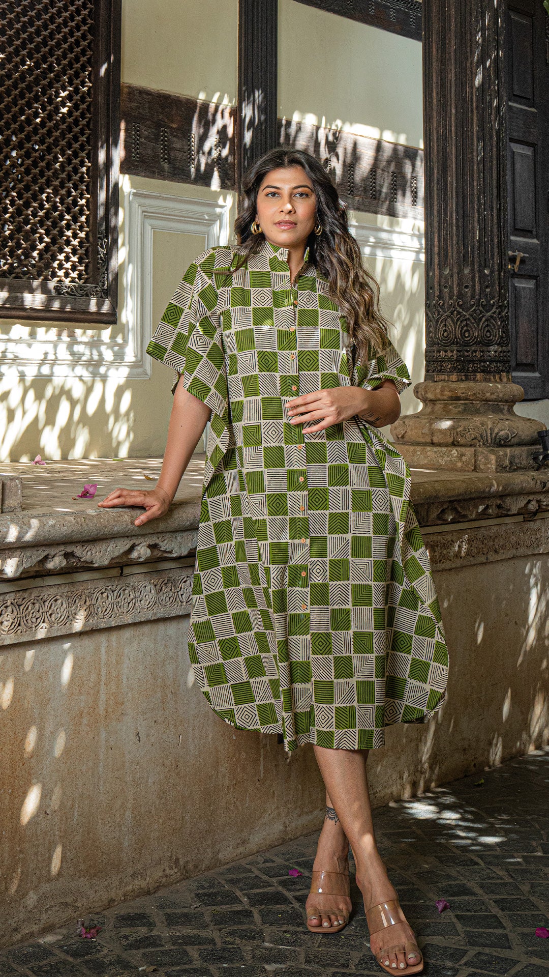 Green/Black Geometric Print Cotton Kaftan