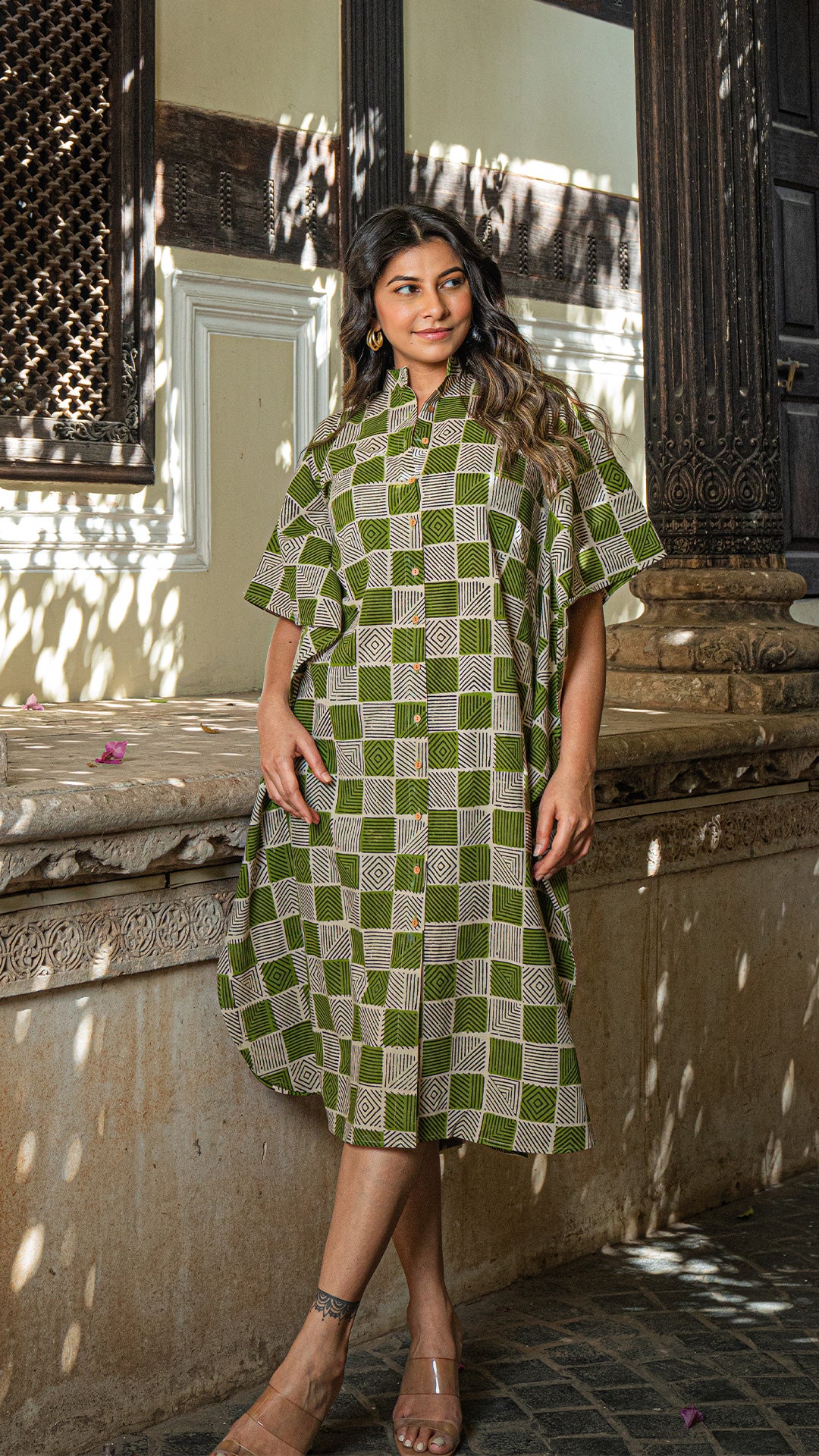 Green/Black Geometric Print Cotton Kaftan