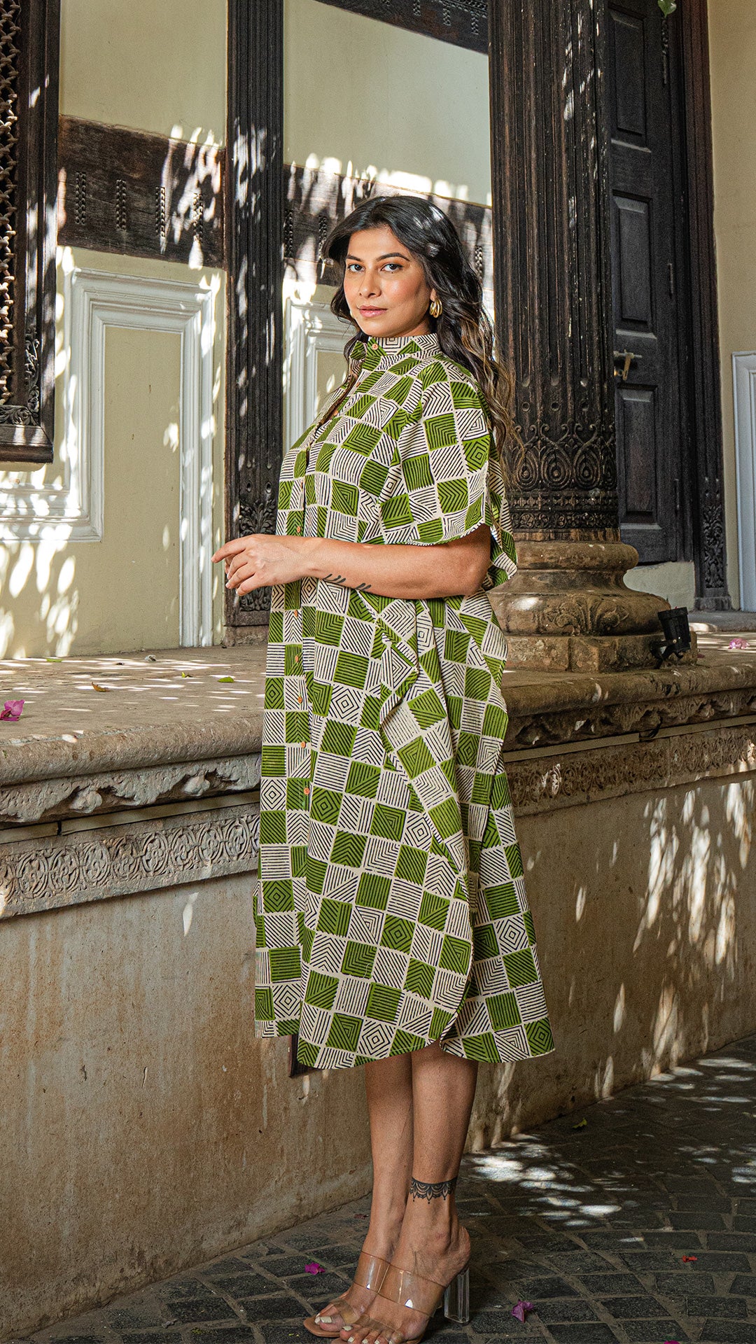 Green/Black Geometric Print Cotton Kaftan